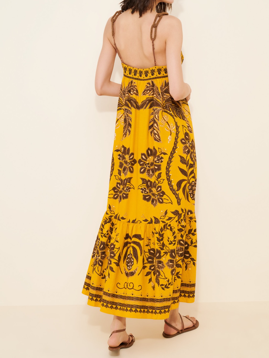 Farm Rio Yellow Maxi Dress With Brown Floral Print